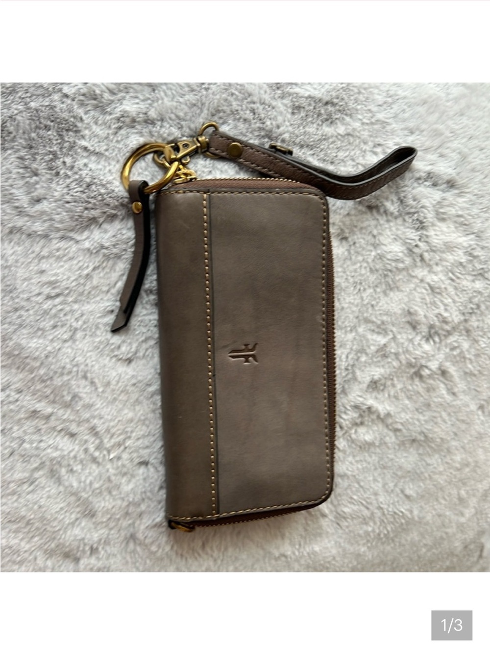 Frye Taupe Leather Zip Wristlet with Brass Hardware